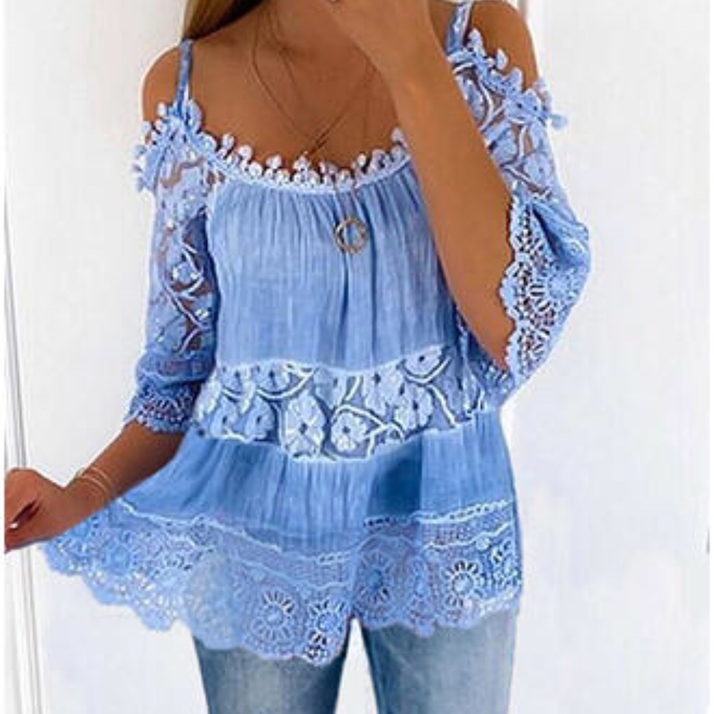 Women’s Tiered Cold Shoulder Lace/ Crochet Detail Tunic Top in PLBL sz S EUC - Picture 1 of 5